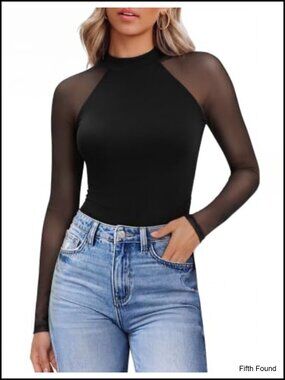 Women Mesh Long Sleeve Tops Lace Mock Turtleneck Sheer Tee